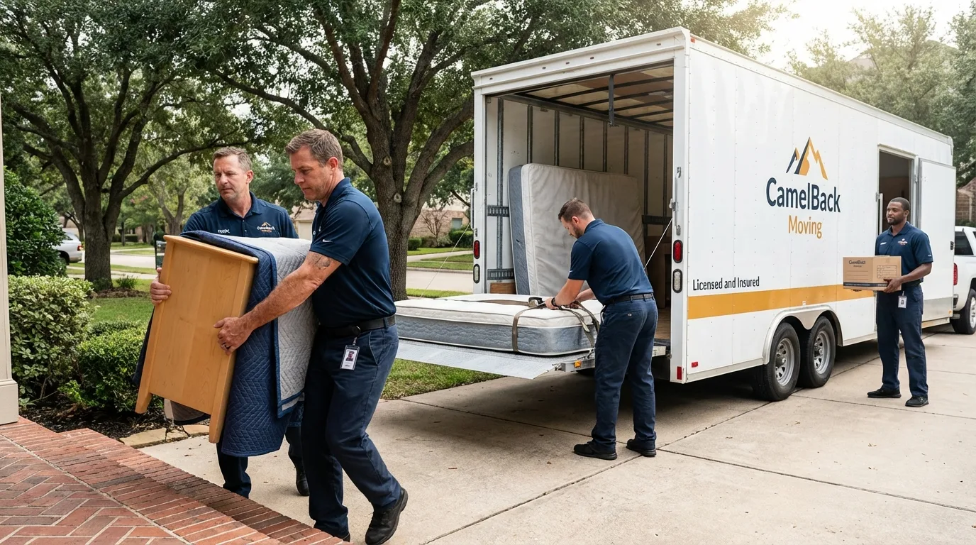 Crew loading residential truck for cross-state move from Seneca, IL