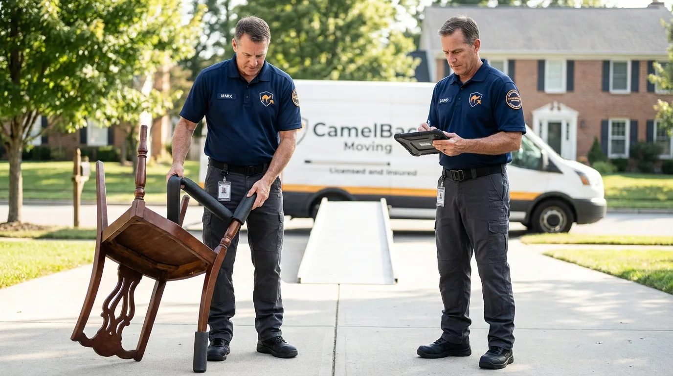 Movers inspecting furniture for damage prevention before loading in Seneca, IL