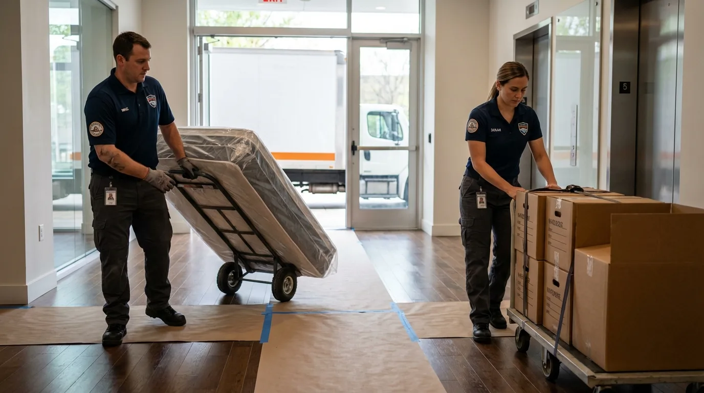 Professional apartment movers loading elevator in Seneca, IL