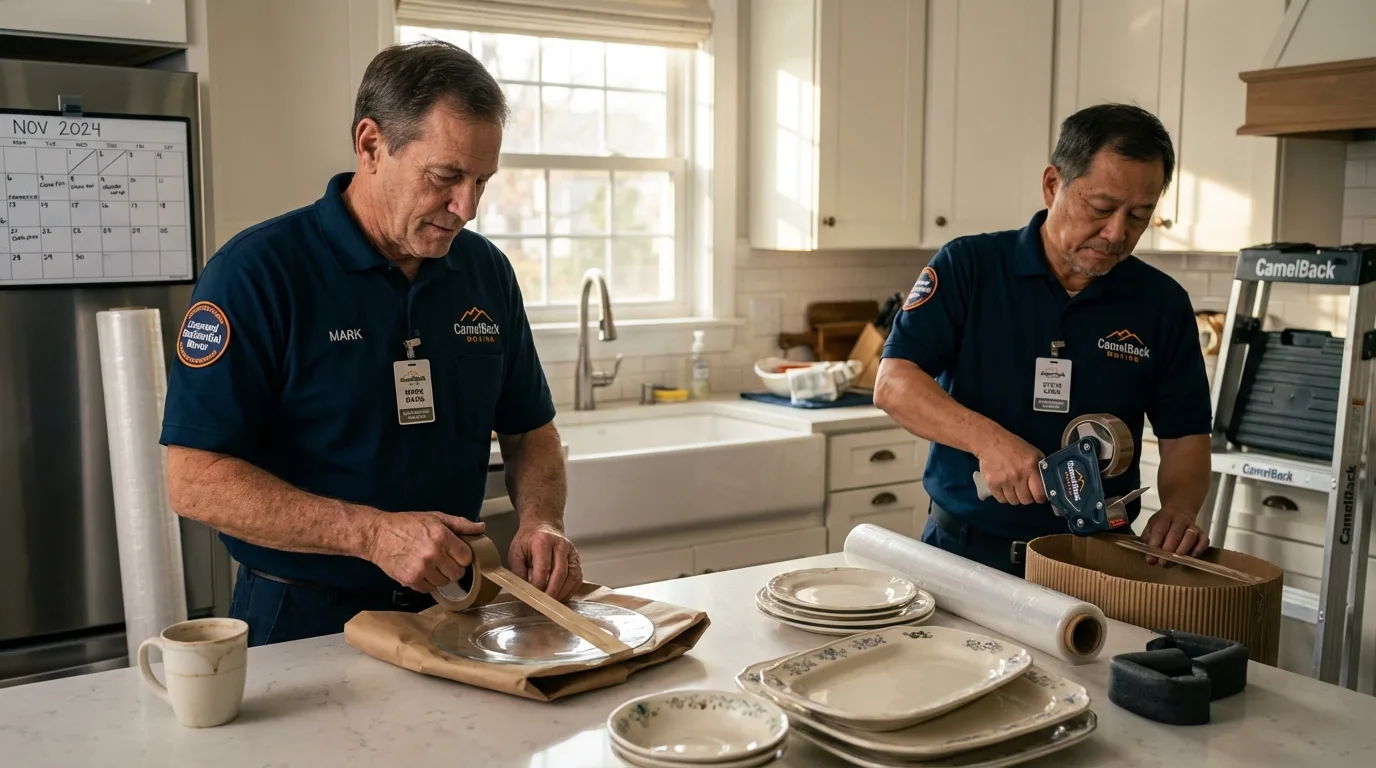Professional crew packing kitchen dishware in Seneca, IL